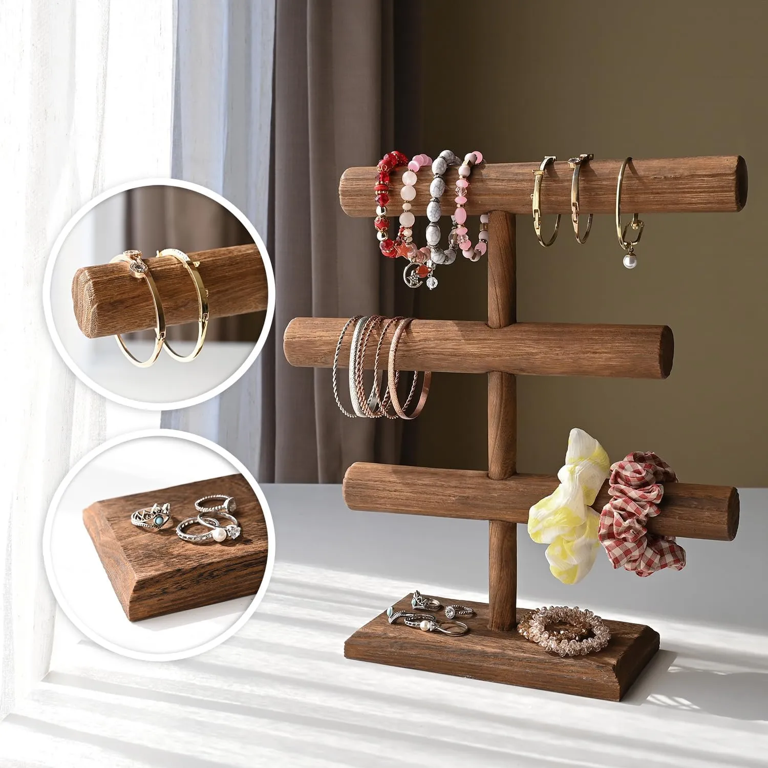 MOOCA Free Assembly 3-Tier Wooden Jewelry Display Stand, Bracelets, Necklaces, Watches, Bangles Holder Stand, Accessory Display Storage Organizer, Brown Color