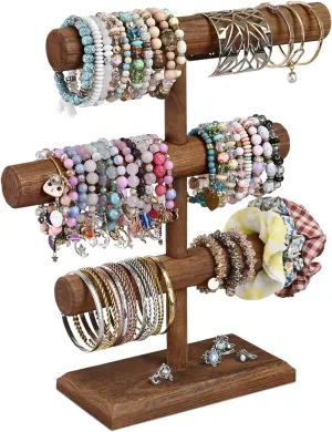 MOOCA Free Assembly 3-Tier Wooden Jewelry Display Stand, Bracelets, Necklaces, Watches, Bangles Holder Stand, Accessory Display Storage Organizer, Brown Color