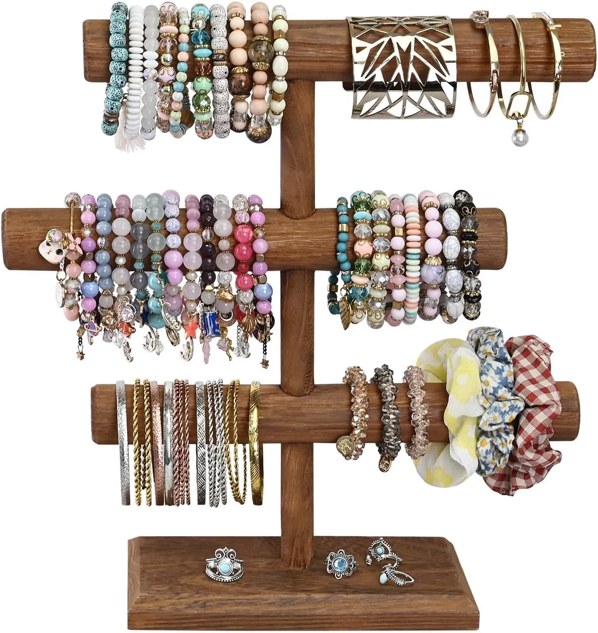 MOOCA Free Assembly 3-Tier Wooden Jewelry Display Stand, Bracelets, Necklaces, Watches, Bangles Holder Stand, Accessory Display Storage Organizer, Brown Color