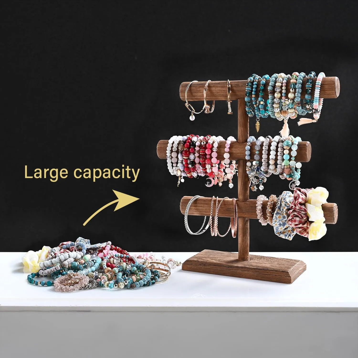 MOOCA Free Assembly 3-Tier Wooden Jewelry Display Stand, Bracelets, Necklaces, Watches, Bangles Holder Stand, Accessory Display Storage Organizer, Brown Color