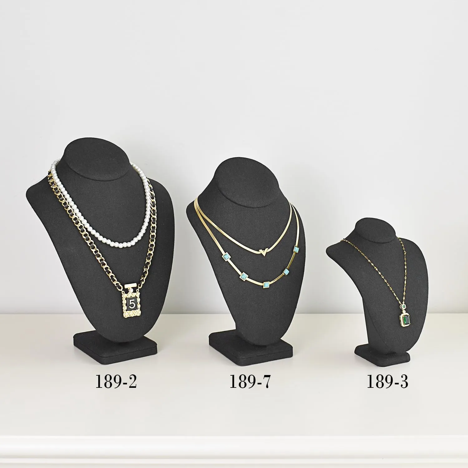 MOOCA Linen Covered Wood Jewelry Display Necklace Chain Jewelry Bust Display Holder Stand, Necklaces Bust Mannequin, 6 3/8 W x 4 1/4 D x 10 H in, Black Linen