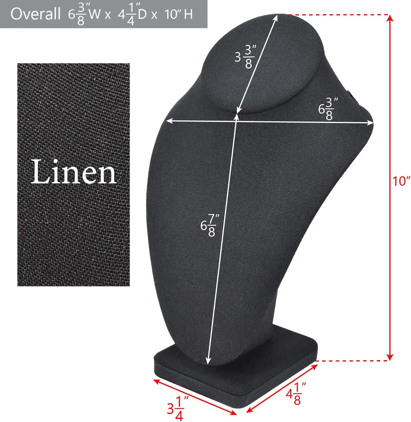 MOOCA Linen Covered Wood Jewelry Display Necklace Chain Jewelry Bust Display Holder Stand, Necklaces Bust Mannequin, 6 3/8 W x 4 1/4 D x 10 H in, Black Linen