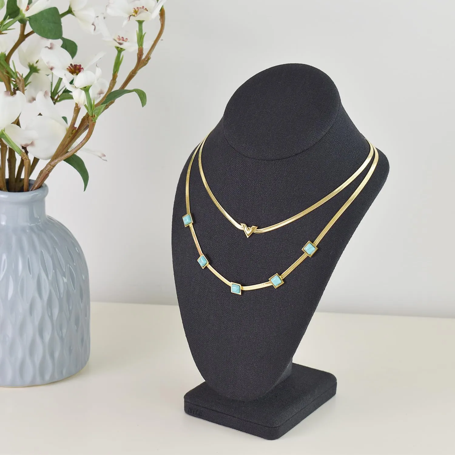 MOOCA Linen Covered Wood Jewelry Display Necklace Chain Jewelry Bust Display Holder Stand, Necklaces Bust Mannequin, 6 3/8 W x 4 1/4 D x 10 H in, Black Linen