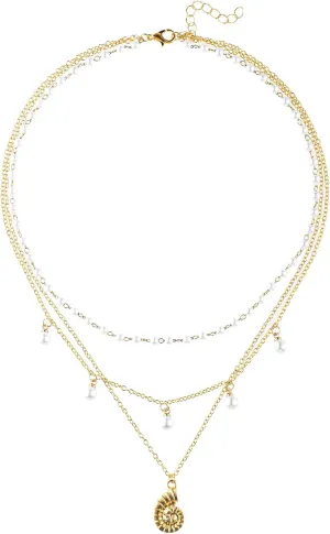 Multi-Layer Pearl Necklace, Pearl Chain Necklace Bohemian Charm Necklace Beach Necklace Shell Necklace Summer Pearl Necklace for Women Beach Jewelry