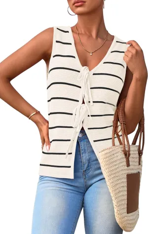 NALANISA Women's 2025 Summer Trendy Tank Tops Crochet Knit V Neck Sleeveless Tie Front Striped Sweater Vests Beach Outfits