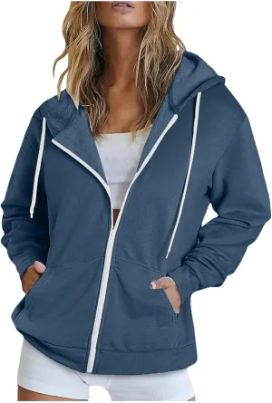 NaRHbrg Women's Full Zip Up Hoodie Long Sleeve Hooded Sweatshirts Thin Casual Hoodies Jackets Oversized Pullover with Pockets