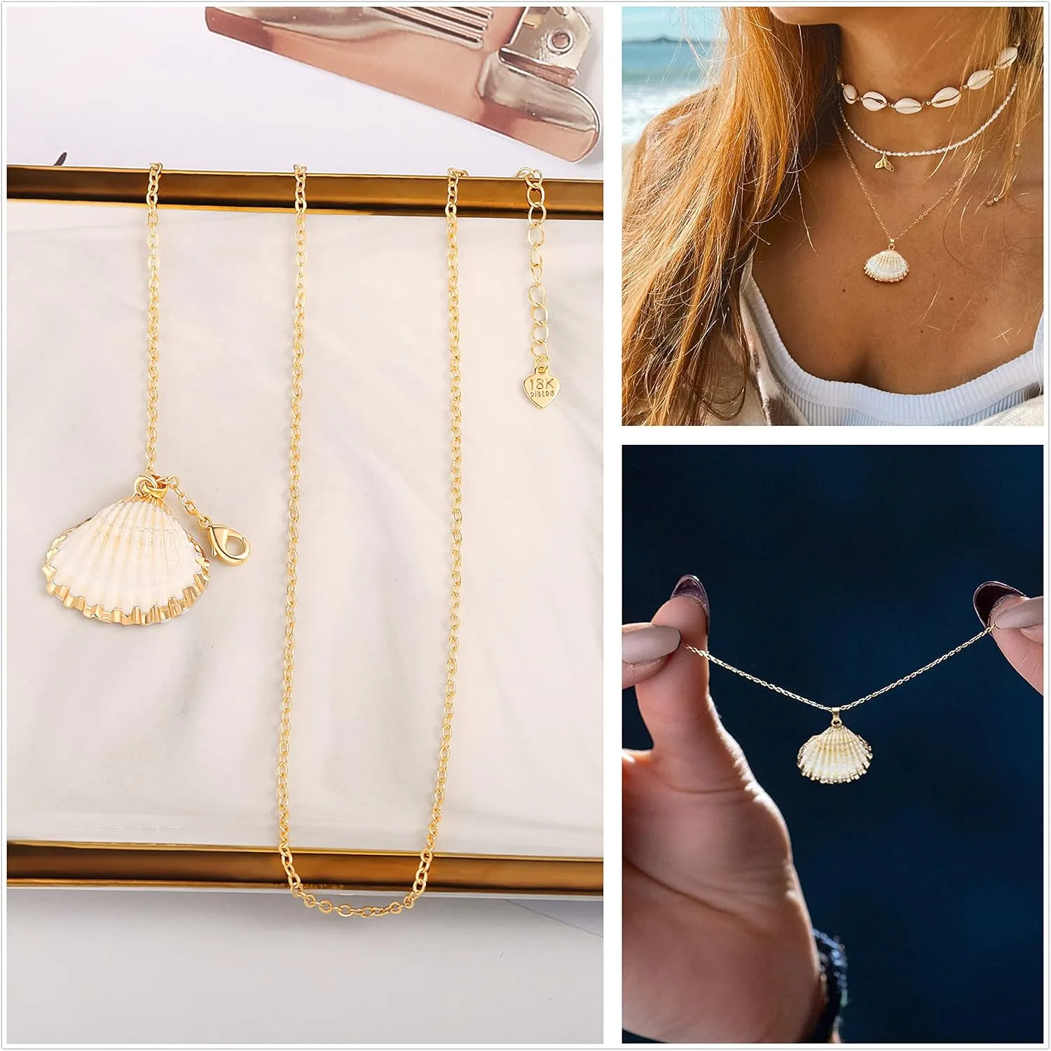 Natural Seashell Shell Scallop Pendant Choker Necklace Adjustable 18K Gold Plated Cable Chain Handmade Jewelry for Women Girls