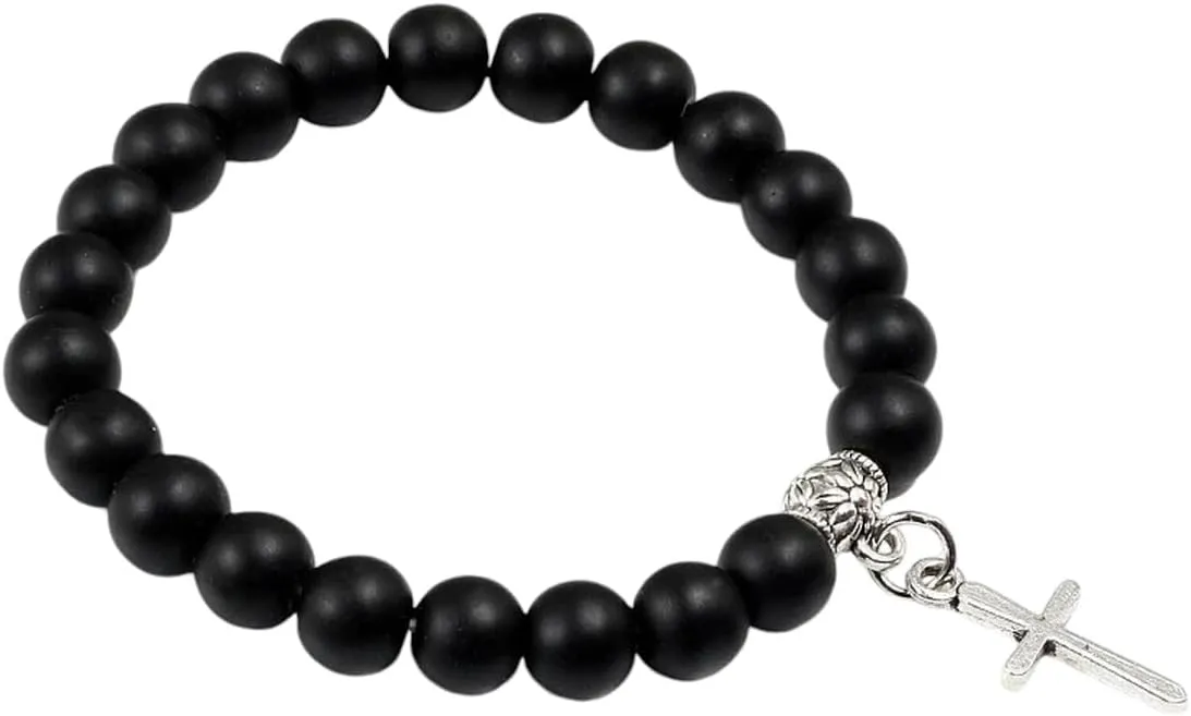 New 2025 Unisex 8Mm Natural Lava Stone Bead Chain Alloy Cross Pendant Prayer Jesus Bracelet Bangles For Men Women Jewelry Gift Handmade Pulseira Decoration Luxury Trendy Best For Women And Men