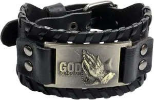 New 2025 Unisex Wide Leather Prayer Hand God Bracelet Charm Men's Viking Accessorie Jewelry Gift Bangles For Women Decoration Luxury With You Accessories Trendy Best For Women And Men