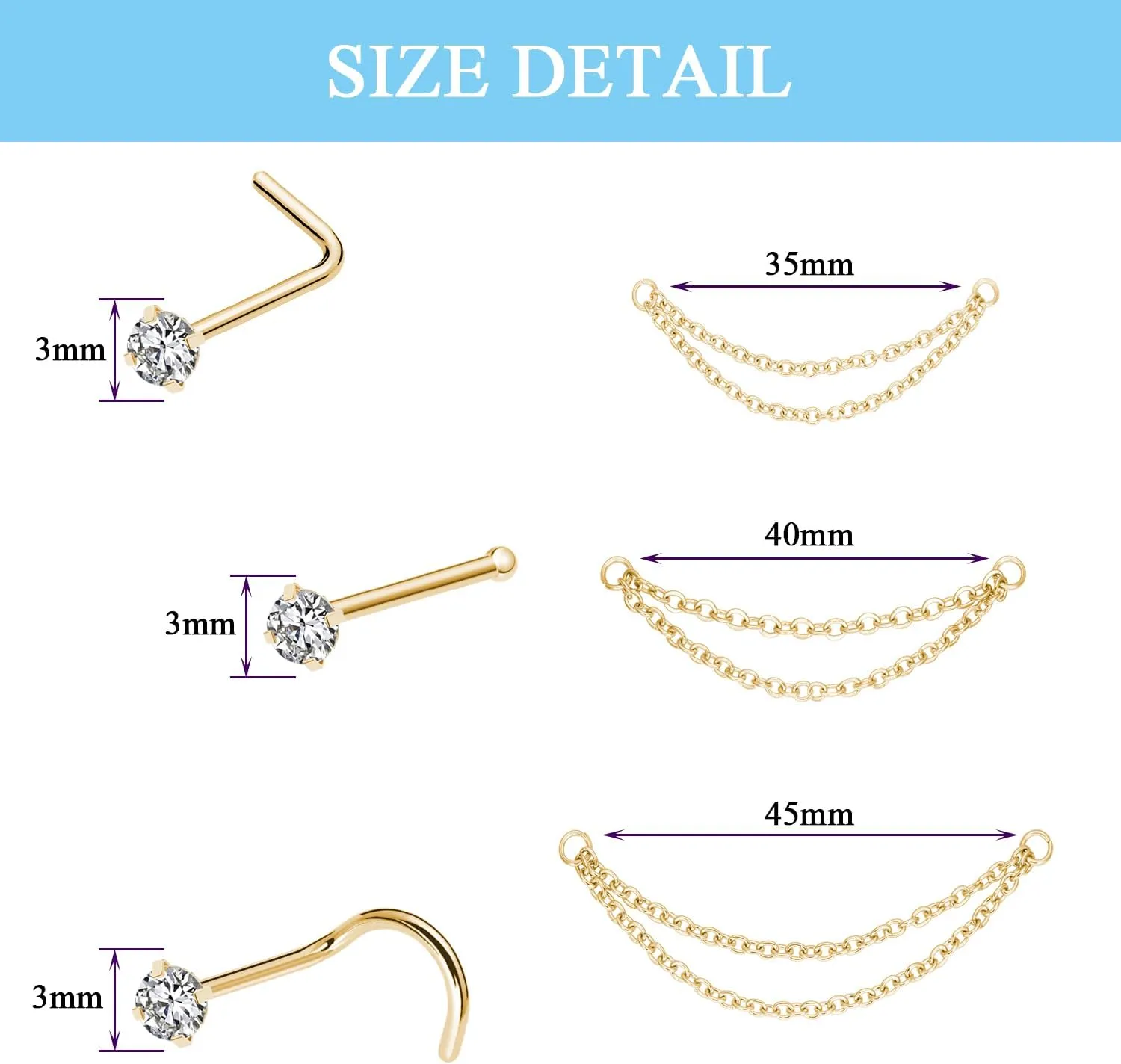Nose Ring Chain Across Nose Black Stainless Steel Nostril Nose Piercing Chain with Cubic Zirconia Nose Screw Bone L-Shaped Ring for Women Body Piercing Nostril Jewelry with Bridge Chain