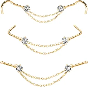 Nose Ring Chain Across Nose Black Stainless Steel Nostril Nose Piercing Chain with Cubic Zirconia Nose Screw Bone L-Shaped Ring for Women Body Piercing Nostril Jewelry with Bridge Chain