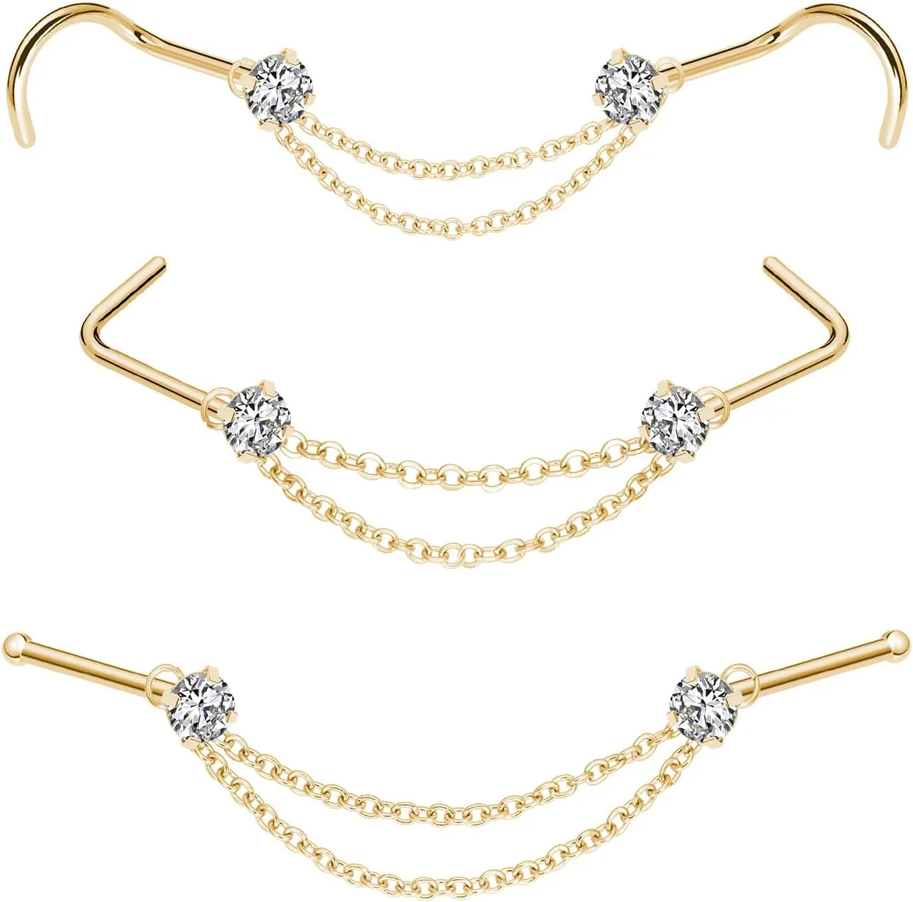 Nose Ring Chain Across Nose Black Stainless Steel Nostril Nose Piercing Chain with Cubic Zirconia Nose Screw Bone L-Shaped Ring for Women Body Piercing Nostril Jewelry with Bridge Chain