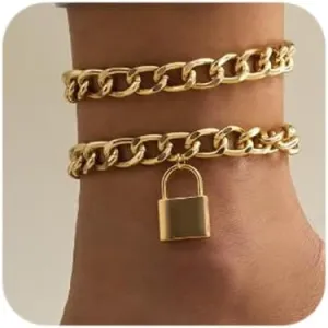 Octwine Boho Dainty Lock Anklet Bangles Stackable Chain Bracelet Set Chunky Layered Bracelet for Women