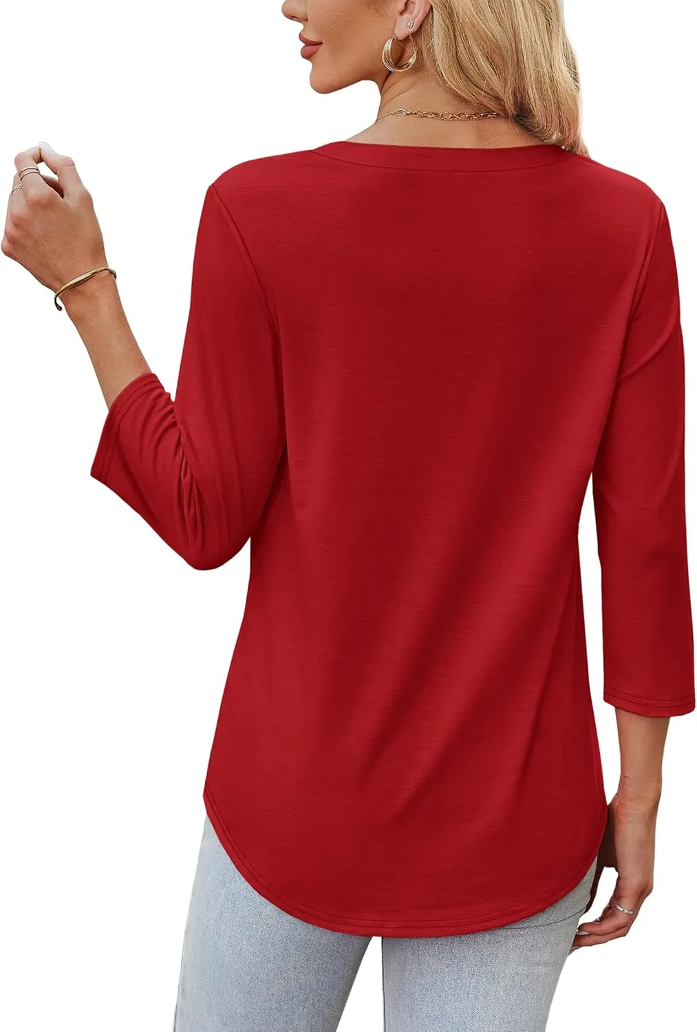OFEEFAN 3/4 Length Sleeve Womens Tops V Neck Tunic Shirts Loose Curved Hem Blouses Dressy Casual S-3XL