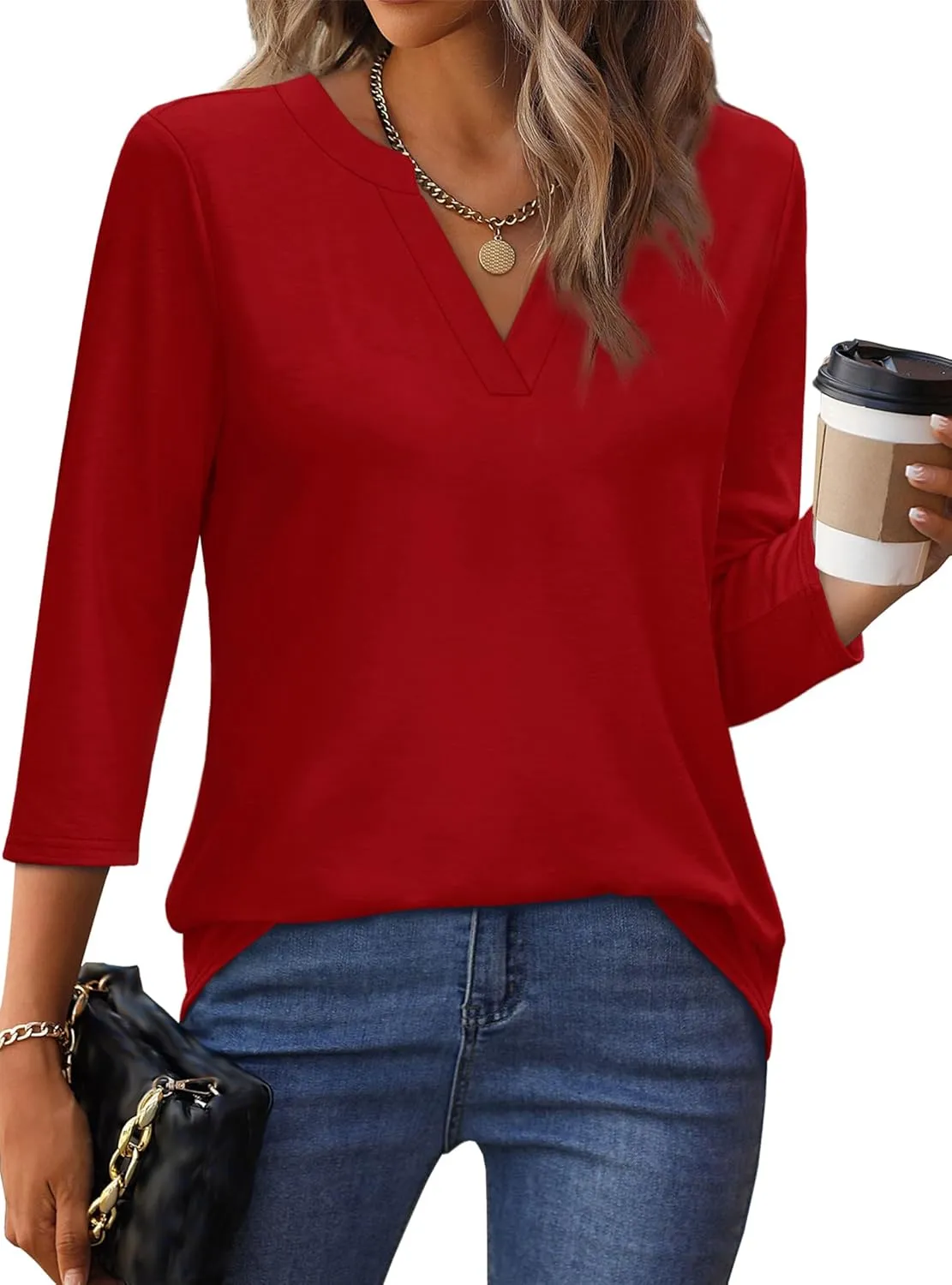 OFEEFAN 3/4 Length Sleeve Womens Tops V Neck Tunic Shirts Loose Curved Hem Blouses Dressy Casual S-3XL