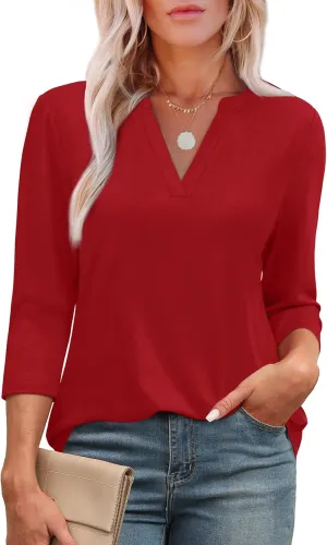 OFEEFAN 3/4 Length Sleeve Womens Tops V Neck Tunic Shirts Loose Curved Hem Blouses Dressy Casual S-3XL