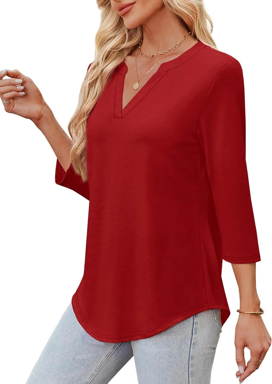 OFEEFAN 3/4 Length Sleeve Womens Tops V Neck Tunic Shirts Loose Curved Hem Blouses Dressy Casual S-3XL