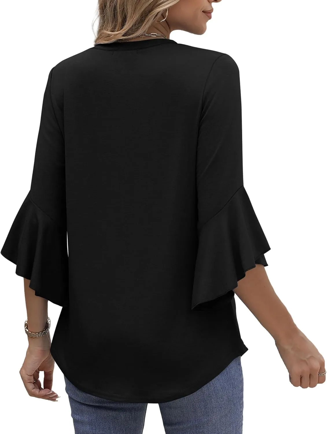 OFEEFAN Blouses for Women Dressy Casual 3/4 Length Sleeve Womens Tops V Neck Tshirts Shirts with Flared Sleeve