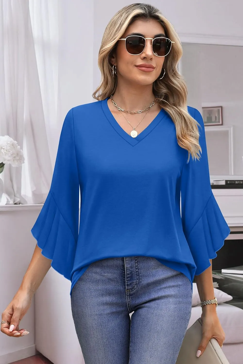 OFEEFAN Blouses for Women Dressy Casual 3/4 Length Sleeve Womens Tops V Neck Tshirts Shirts with Flared Sleeve
