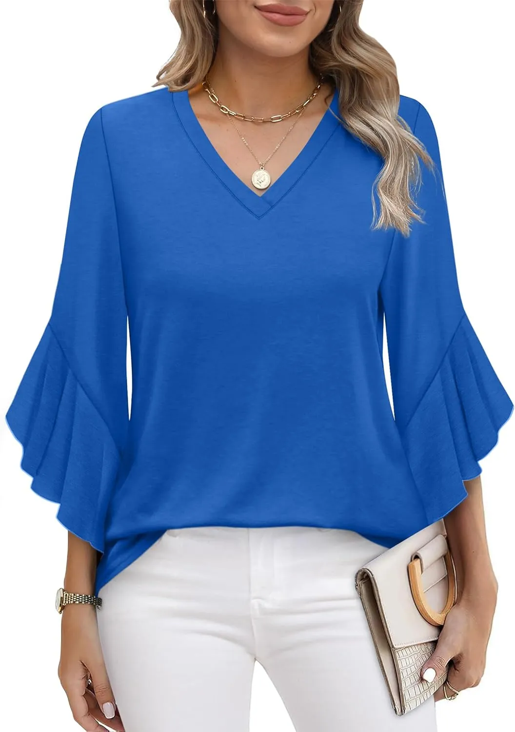 OFEEFAN Blouses for Women Dressy Casual 3/4 Length Sleeve Womens Tops V Neck Tshirts Shirts with Flared Sleeve