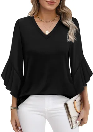 OFEEFAN Blouses for Women Dressy Casual 3/4 Length Sleeve Womens Tops V Neck Tshirts Shirts with Flared Sleeve