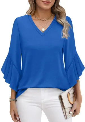OFEEFAN Blouses for Women Dressy Casual 3/4 Length Sleeve Womens Tops V Neck Tshirts Shirts with Flared Sleeve