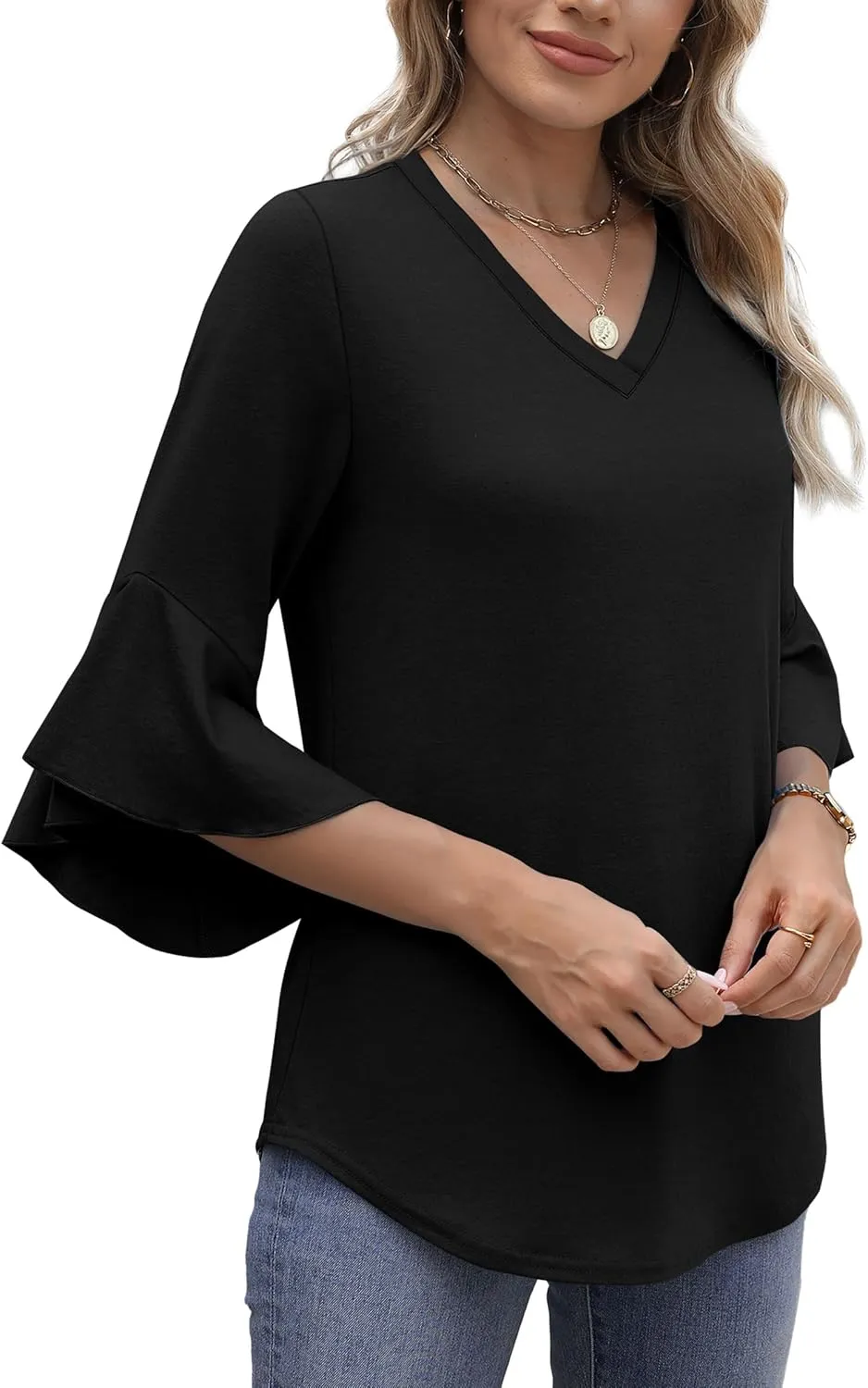 OFEEFAN Blouses for Women Dressy Casual 3/4 Length Sleeve Womens Tops V Neck Tshirts Shirts with Flared Sleeve