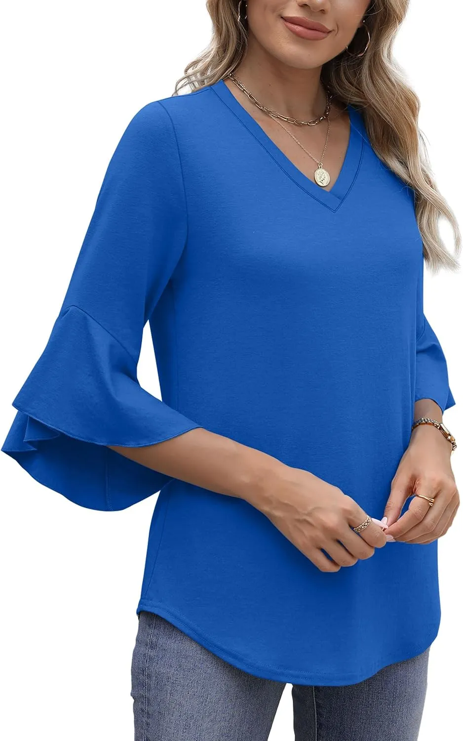 OFEEFAN Blouses for Women Dressy Casual 3/4 Length Sleeve Womens Tops V Neck Tshirts Shirts with Flared Sleeve