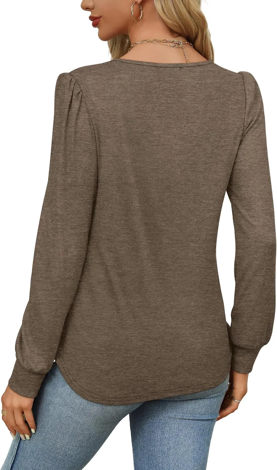 OFEEFAN Long Sleeve Shirts for Women Fall Tops Dressy Casual Blouses Pleated Scooped Neck Tunic Tops for Leggings