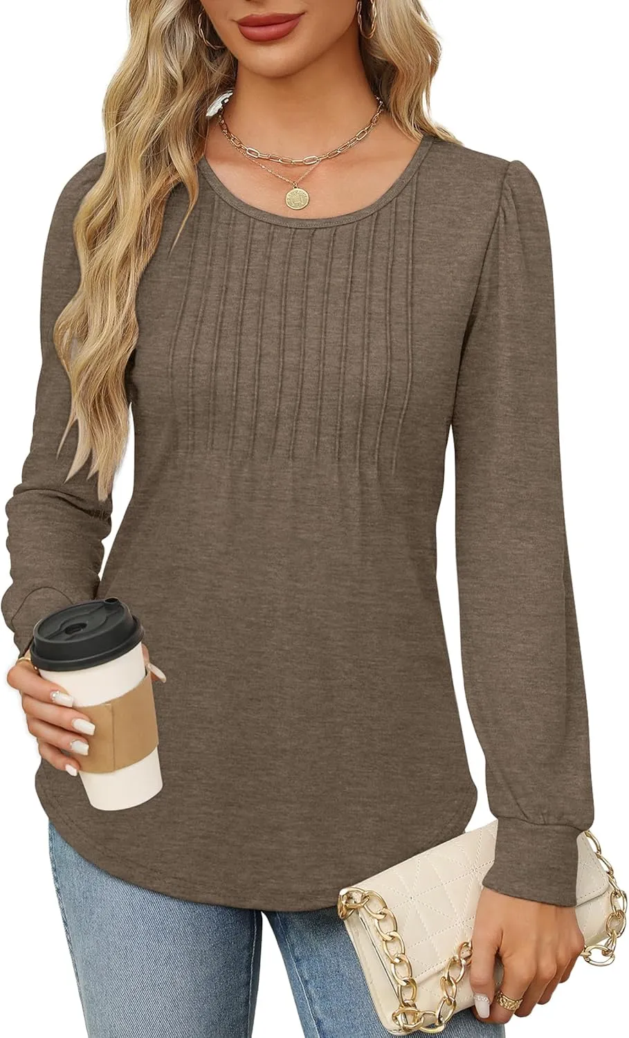 OFEEFAN Long Sleeve Shirts for Women Fall Tops Dressy Casual Blouses Pleated Scooped Neck Tunic Tops for Leggings