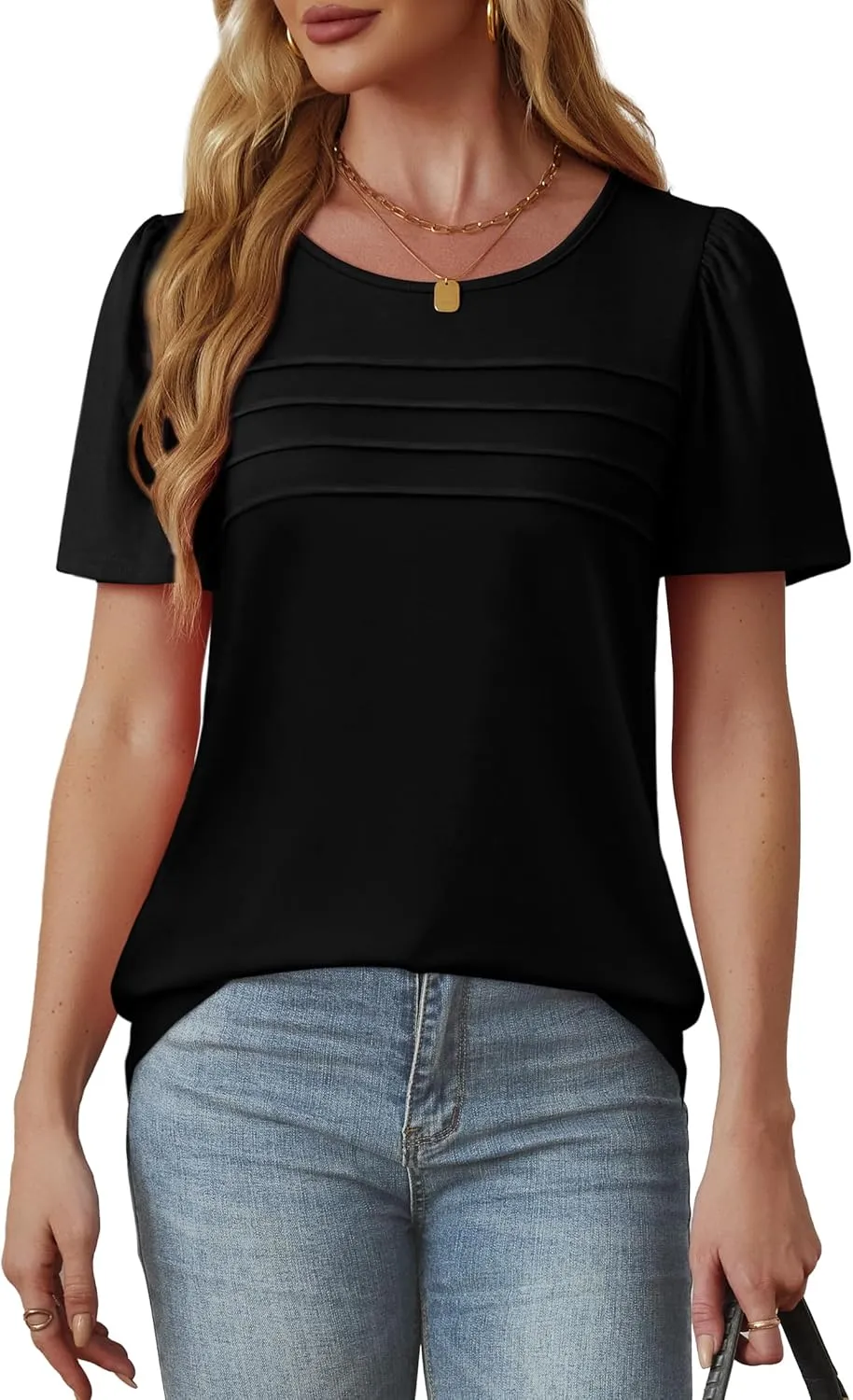 OFEEFAN Womens T Shirts Short Sleeve Tops Dressy Casual Blouses Spring Summer Outfits Flowy Pleated Front Scooped Neck