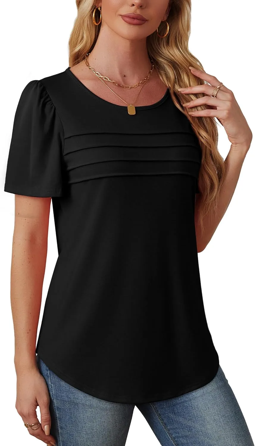 OFEEFAN Womens T Shirts Short Sleeve Tops Dressy Casual Blouses Spring Summer Outfits Flowy Pleated Front Scooped Neck