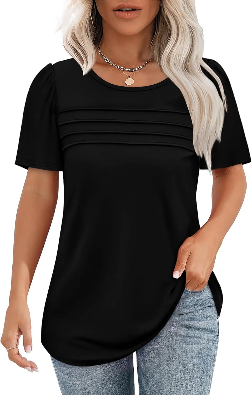OFEEFAN Womens T Shirts Short Sleeve Tops Dressy Casual Blouses Spring Summer Outfits Flowy Pleated Front Scooped Neck