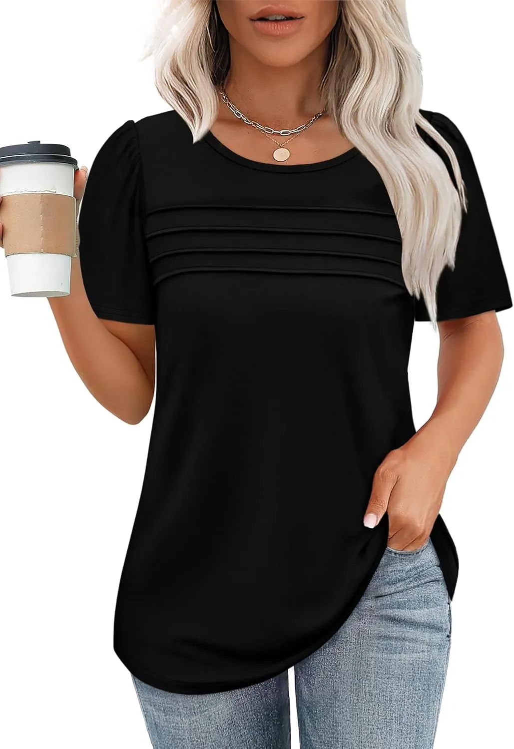 OFEEFAN Womens T Shirts Short Sleeve Tops Dressy Casual Blouses Spring Summer Outfits Flowy Pleated Front Scooped Neck