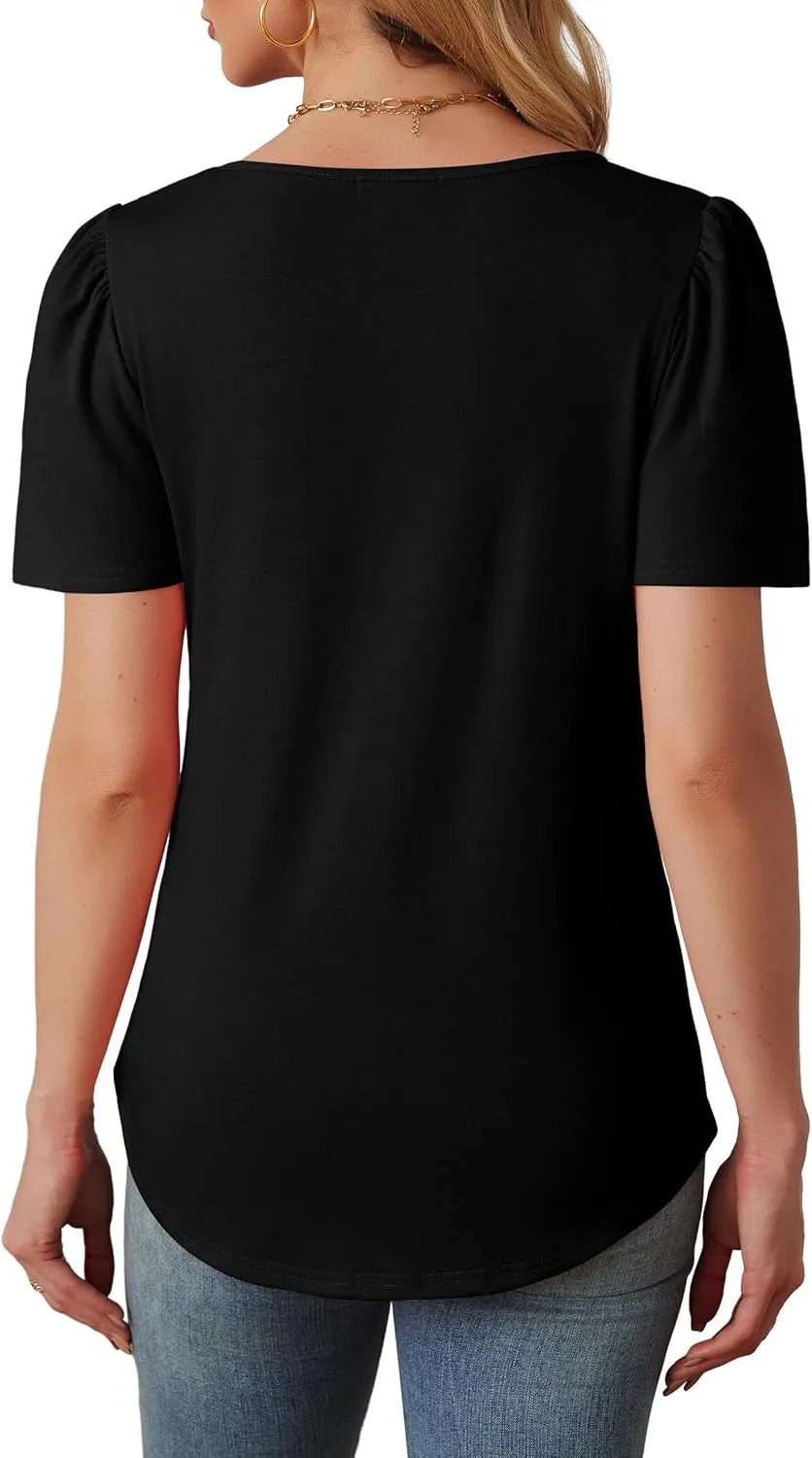 OFEEFAN Womens T Shirts Short Sleeve Tops Dressy Casual Blouses Spring Summer Outfits Flowy Pleated Front Scooped Neck