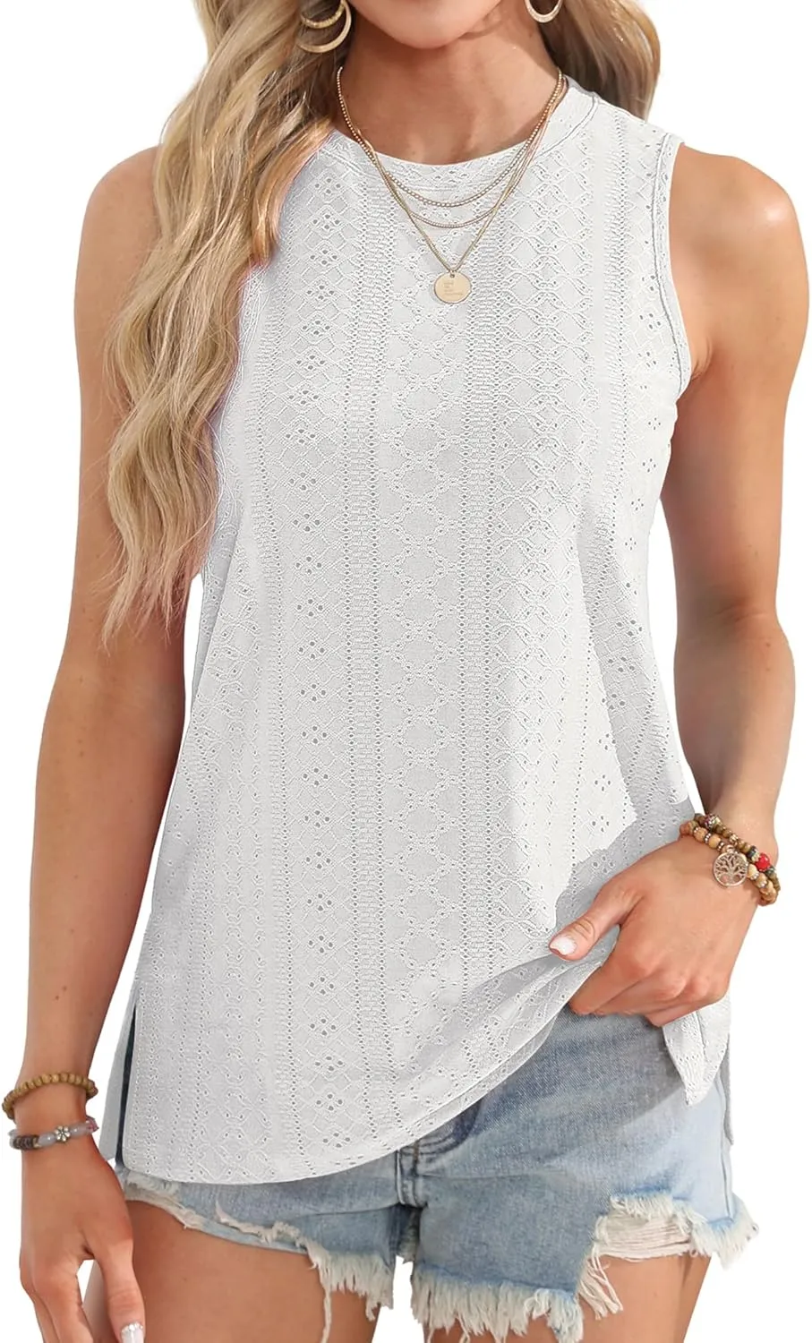 OFEEFAN Womens Tank Tops High Neck Summer Tops Eyelet Sleeveless Shirts Loose Fit 2025