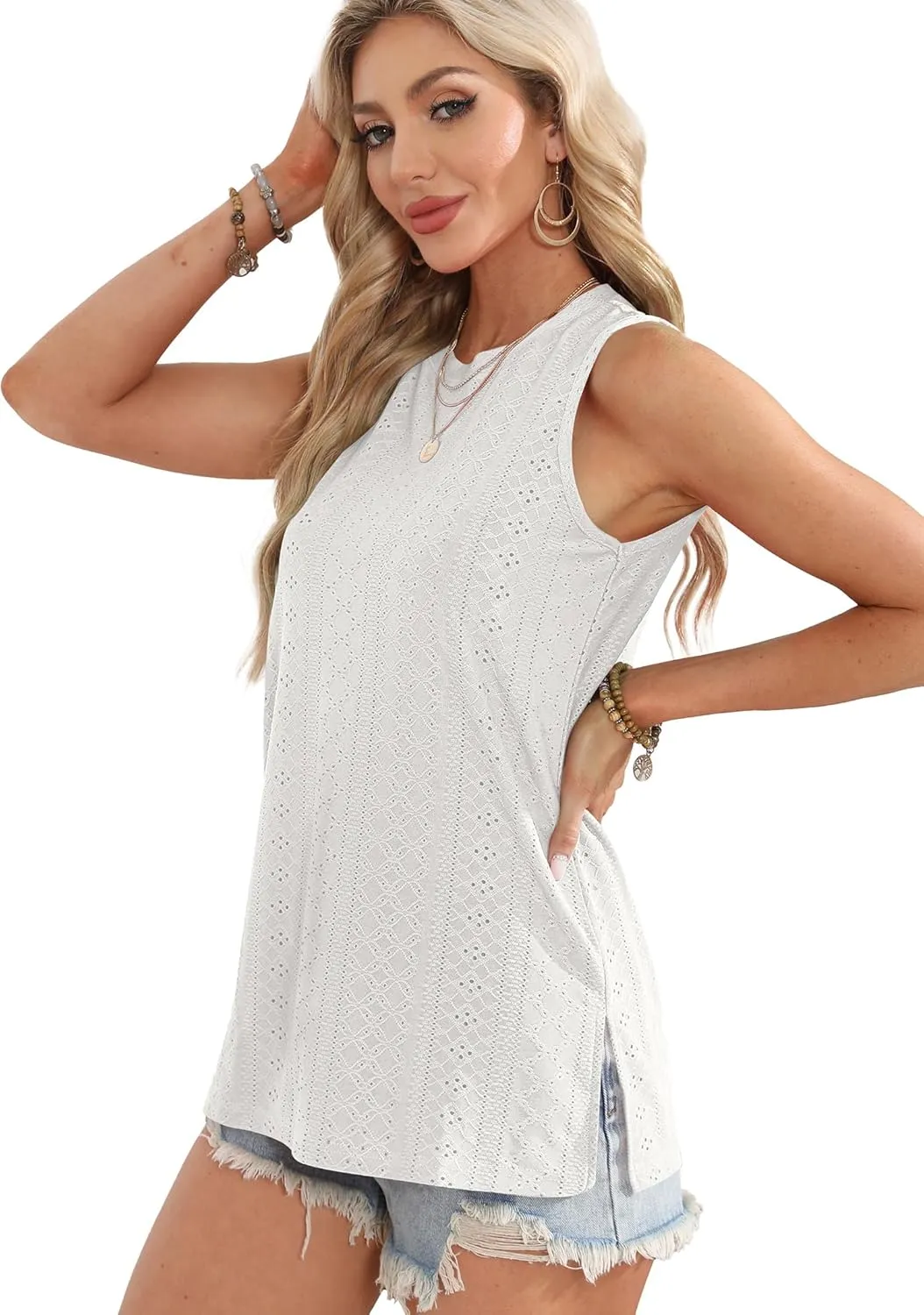OFEEFAN Womens Tank Tops High Neck Summer Tops Eyelet Sleeveless Shirts Loose Fit 2025