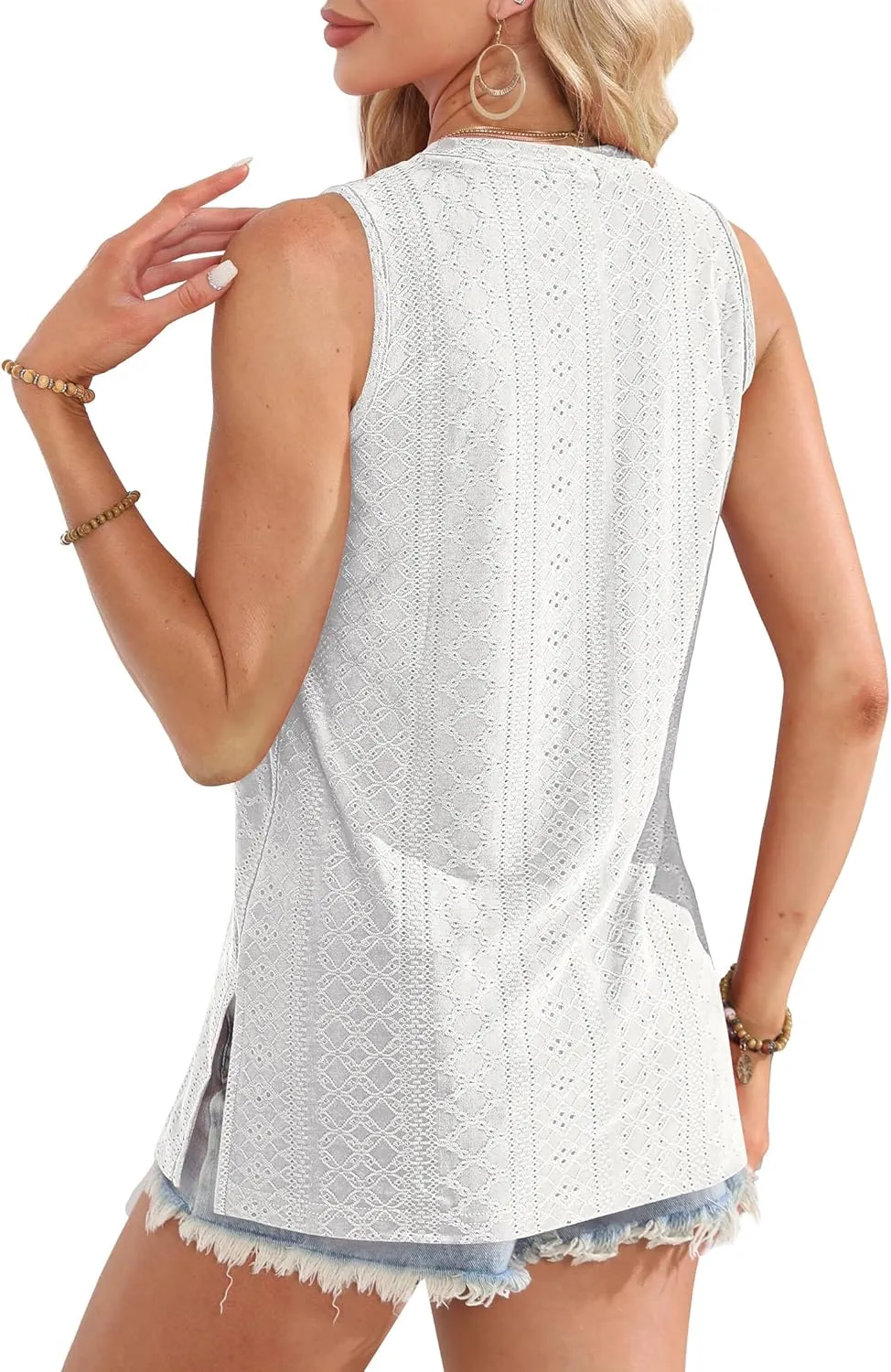 OFEEFAN Womens Tank Tops High Neck Summer Tops Eyelet Sleeveless Shirts Loose Fit 2025
