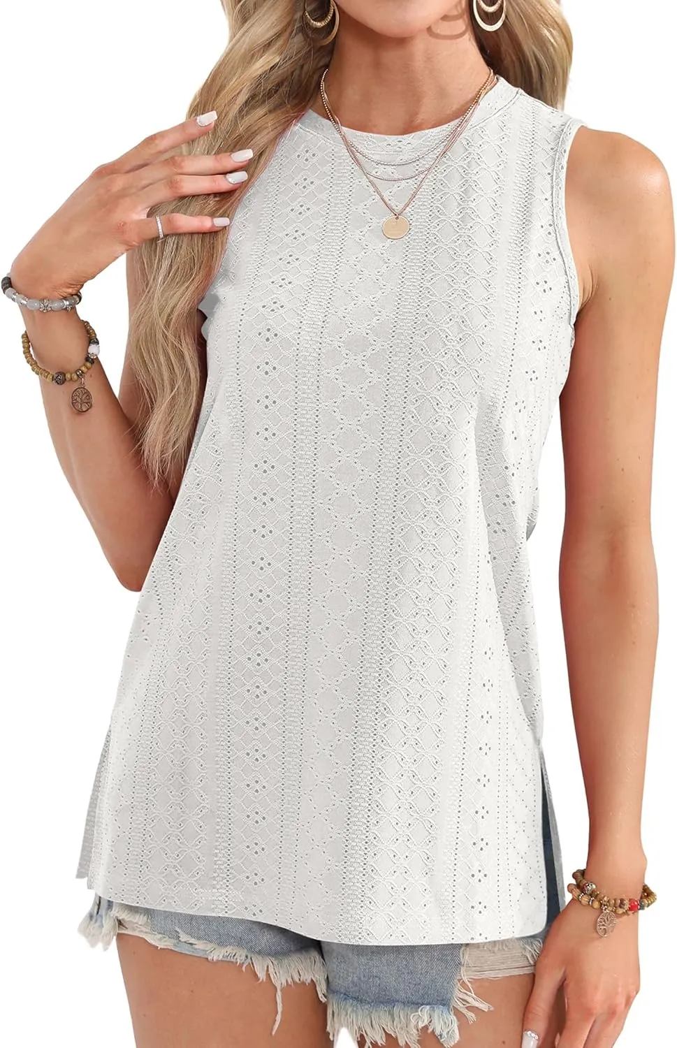 OFEEFAN Womens Tank Tops High Neck Summer Tops Eyelet Sleeveless Shirts Loose Fit 2025