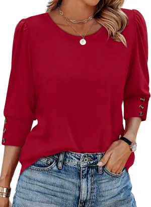 OFEEFAN Womens Tops 3/4 Sleeve with Buttons Dressy Casual Blouses Summer Outfits Beach Vacation Plus Size Spring Clothes