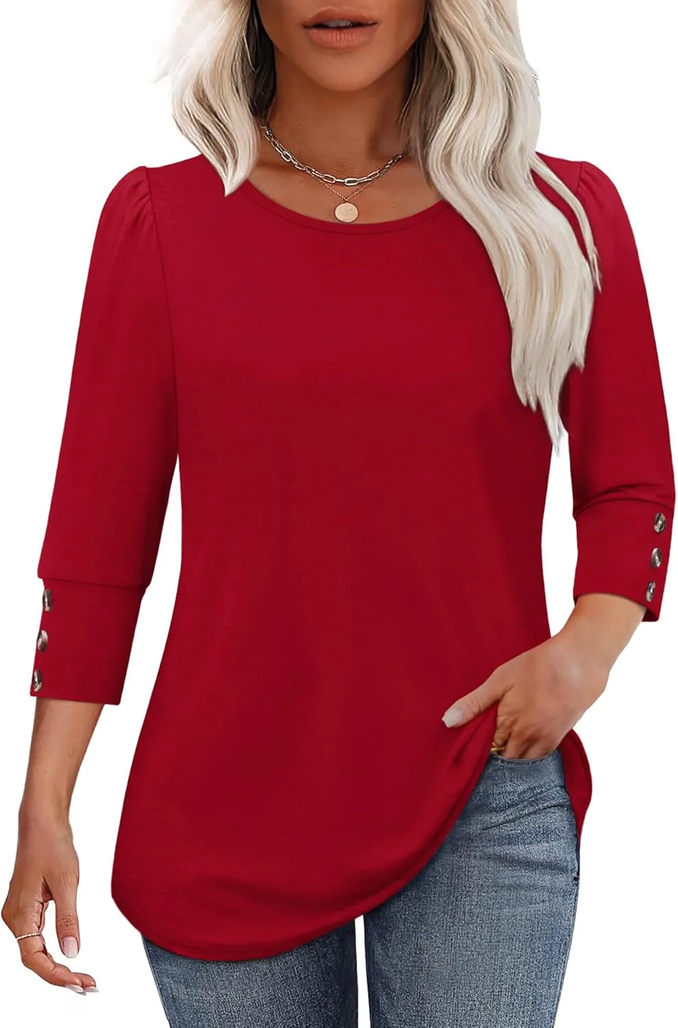OFEEFAN Womens Tops 3/4 Sleeve with Buttons Dressy Casual Blouses Summer Outfits Beach Vacation Plus Size Spring Clothes