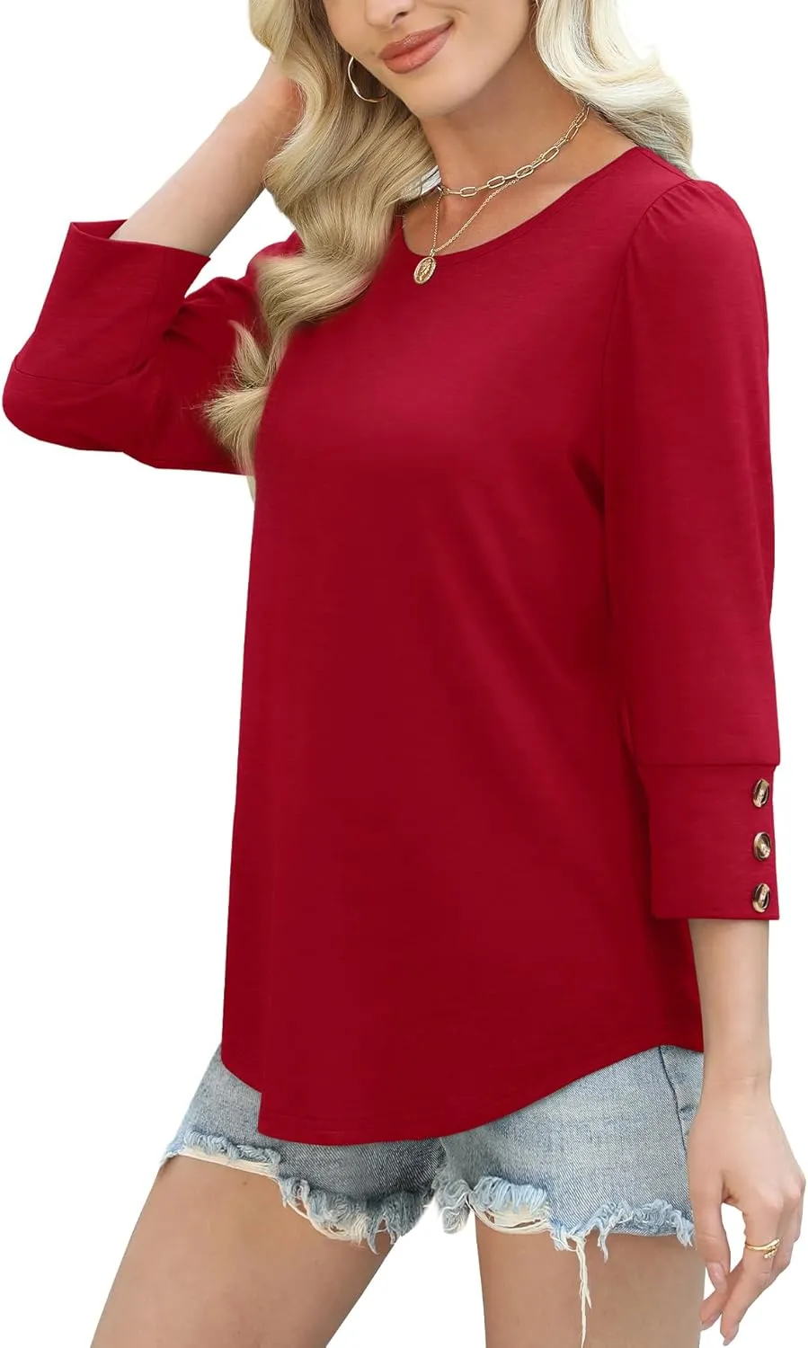 OFEEFAN Womens Tops 3/4 Sleeve with Buttons Dressy Casual Blouses Summer Outfits Beach Vacation Plus Size Spring Clothes