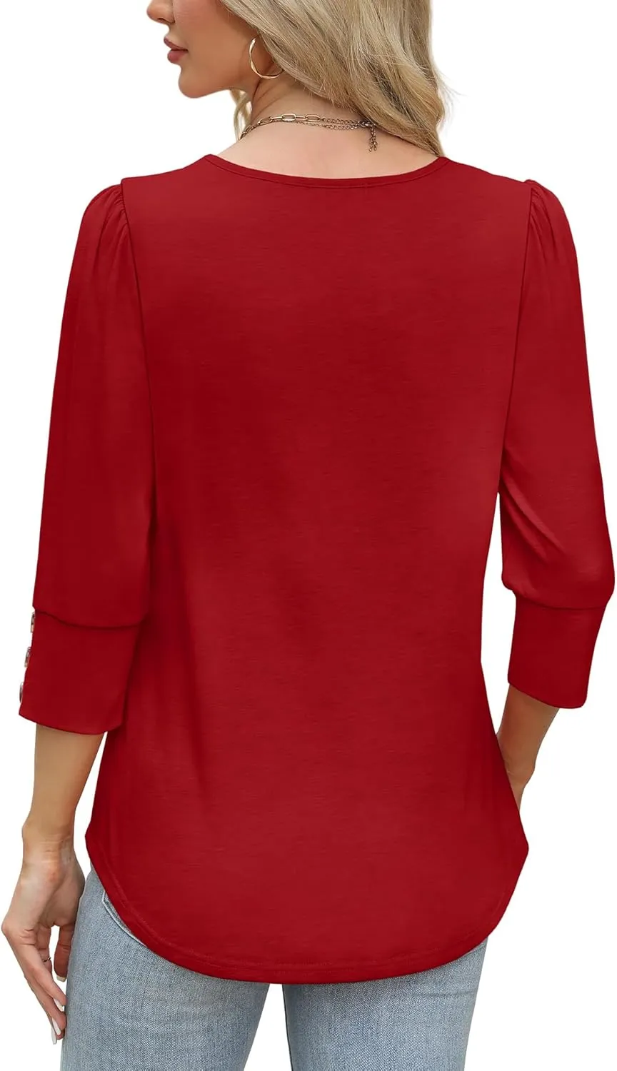 OFEEFAN Womens Tops 3/4 Sleeve with Buttons Dressy Casual Blouses Summer Outfits Beach Vacation Plus Size Spring Clothes