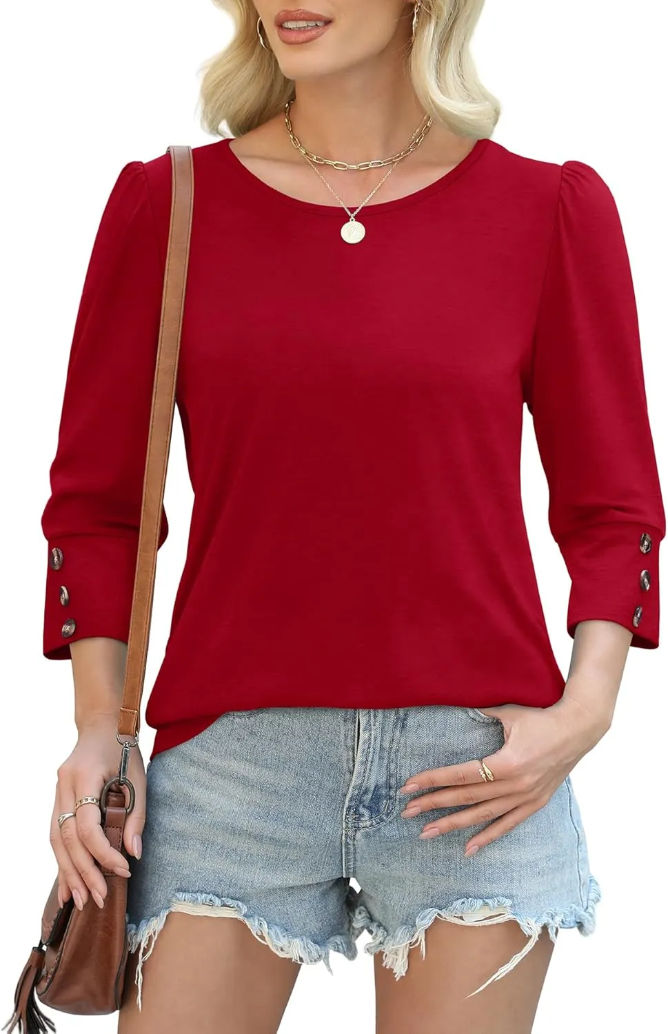 OFEEFAN Womens Tops 3/4 Sleeve with Buttons Dressy Casual Blouses Summer Outfits Beach Vacation Plus Size Spring Clothes