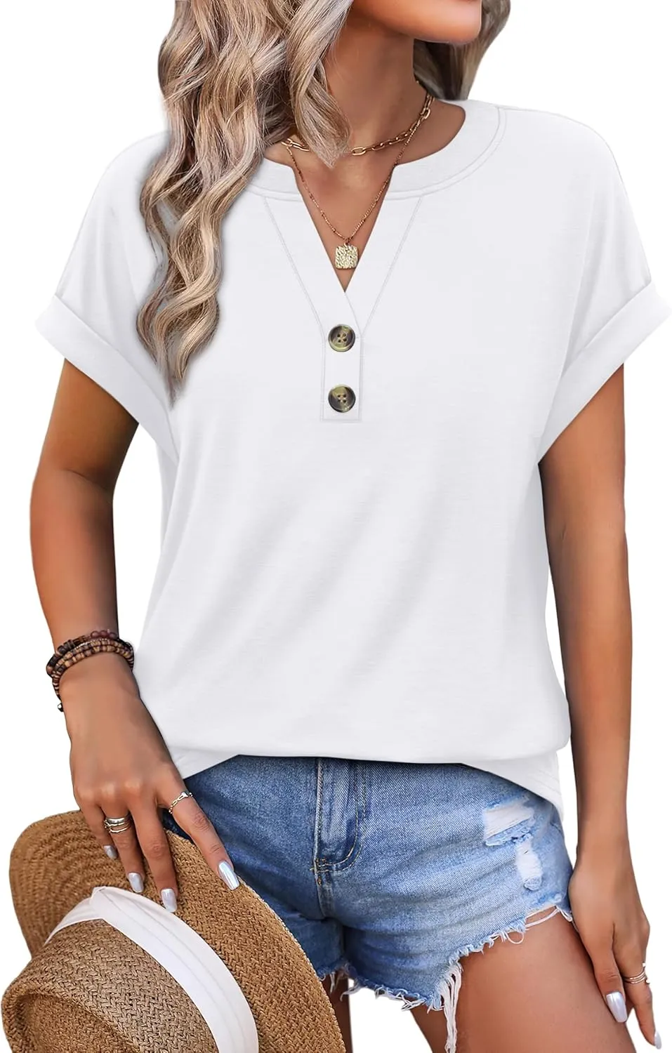 OFEEFAN Womens Tops and Blouses Dressy Casual V Neck Tshirts Short Sleeve Summer Clothes Trendy 2025