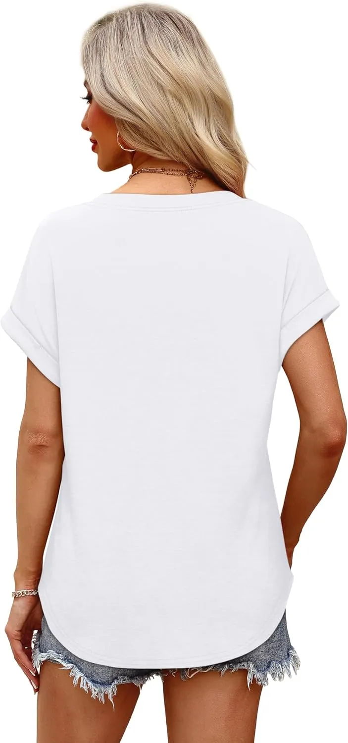 OFEEFAN Womens Tops and Blouses Dressy Casual V Neck Tshirts Short Sleeve Summer Clothes Trendy 2025