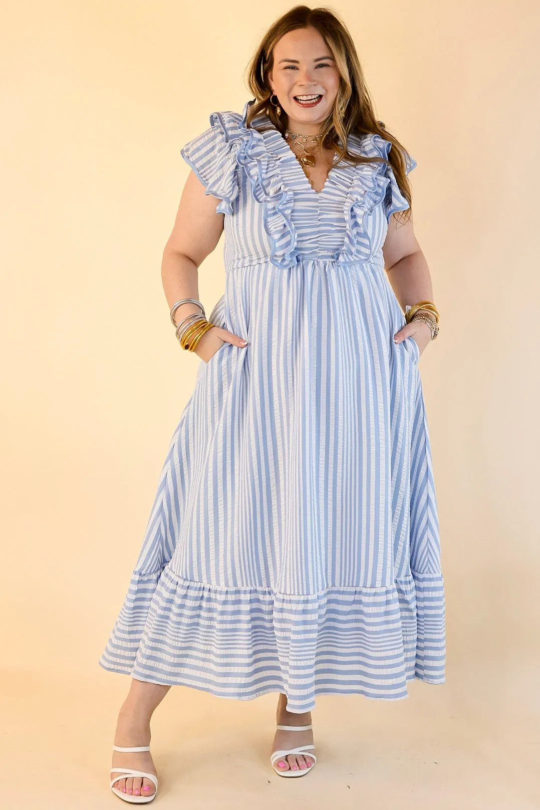 Oh So Sweet V Neck Striped Maxi Dress in Light Blue