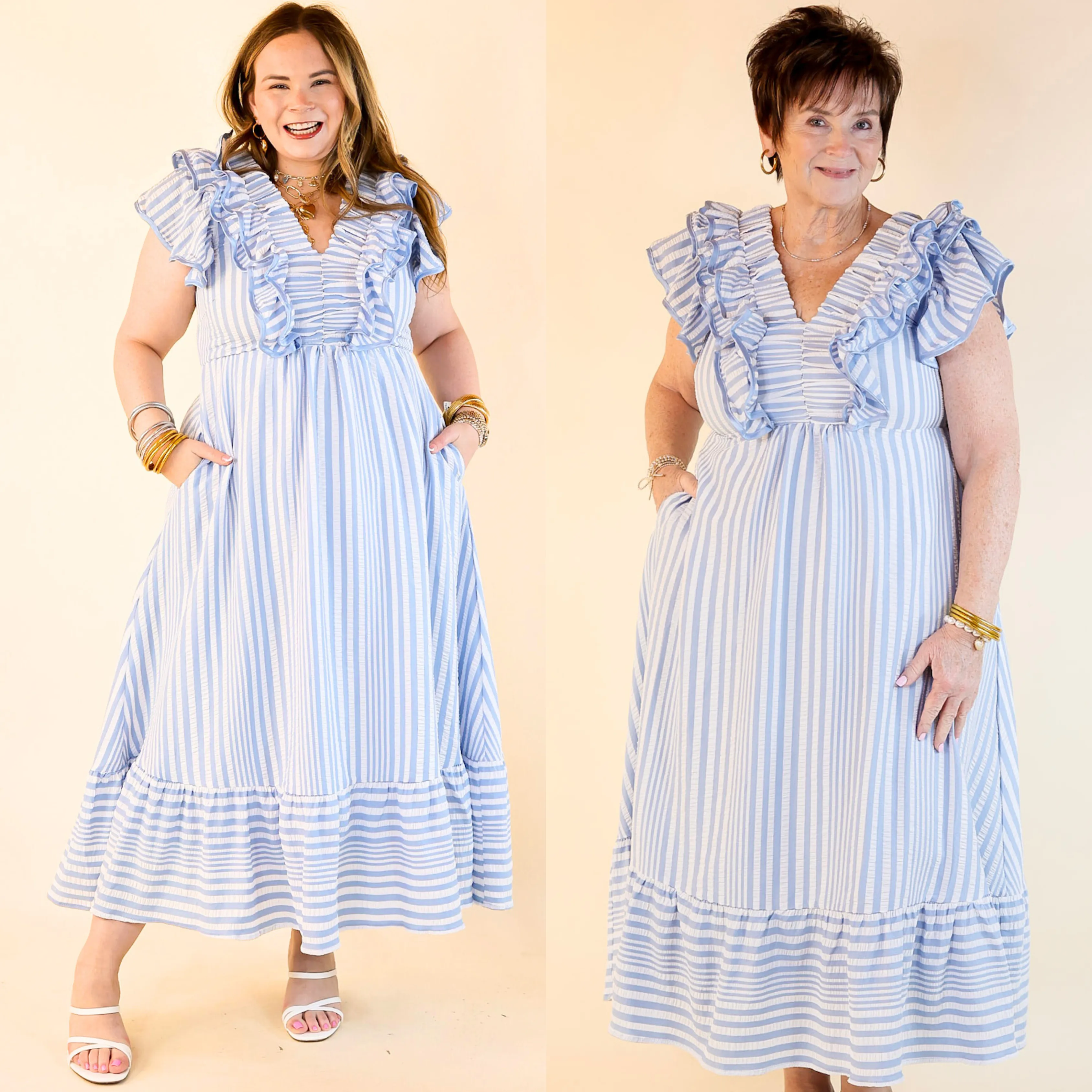 Oh So Sweet V Neck Striped Maxi Dress in Light Blue