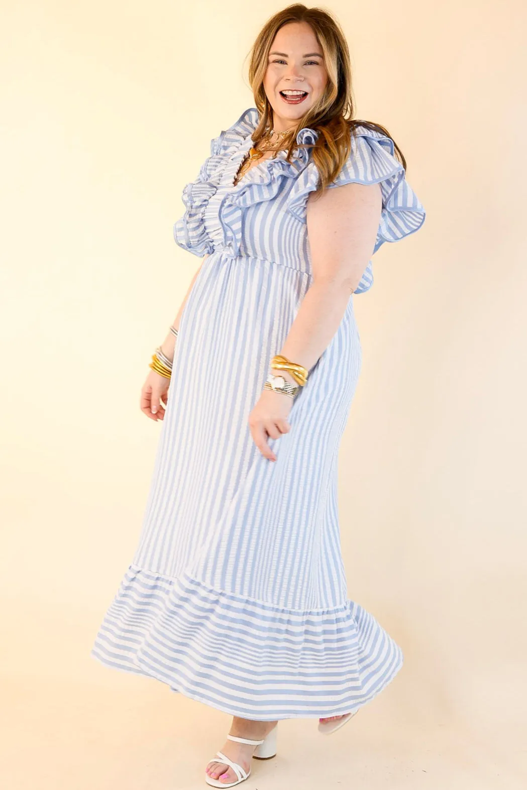 Oh So Sweet V Neck Striped Maxi Dress in Light Blue