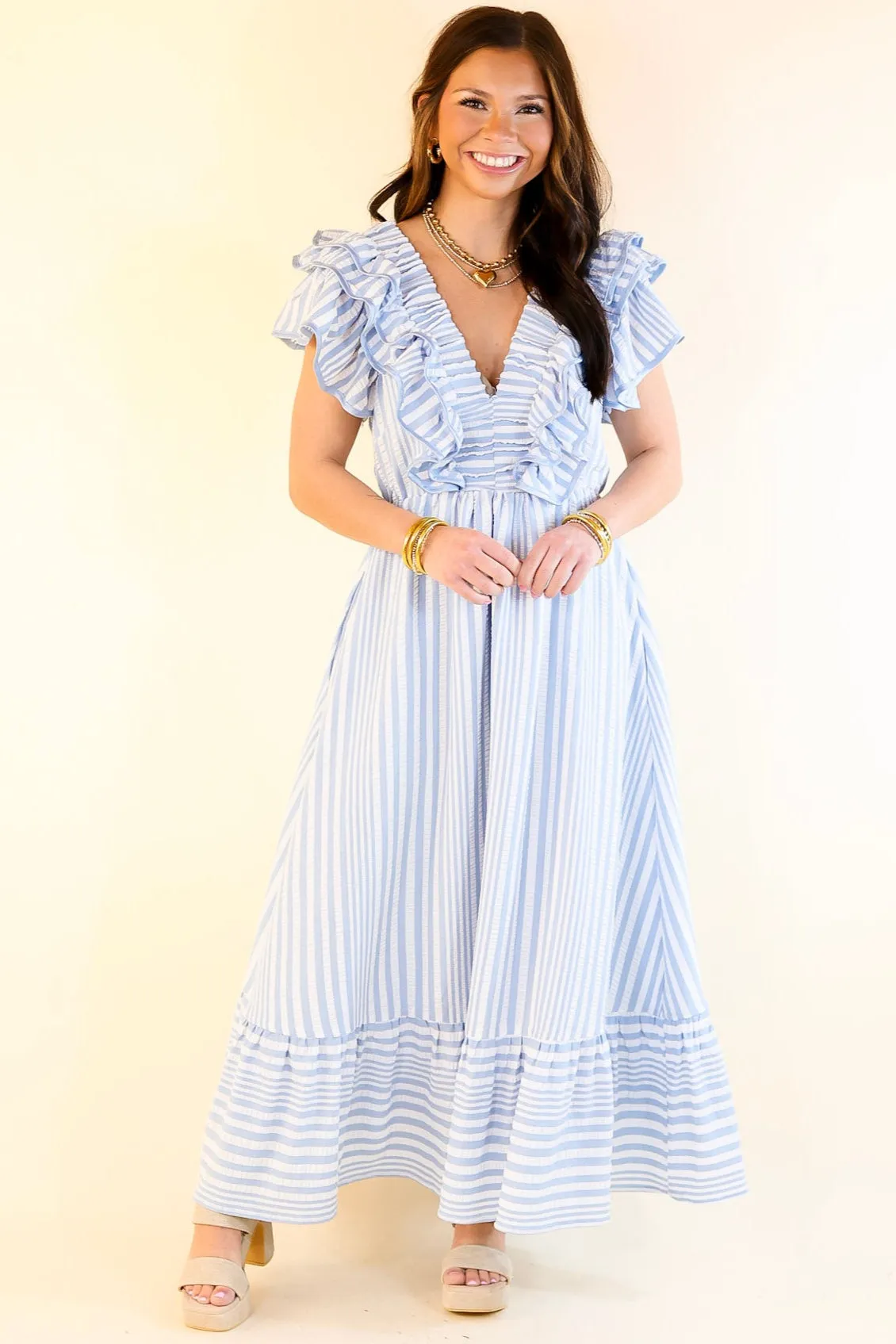 Oh So Sweet V Neck Striped Maxi Dress in Light Blue